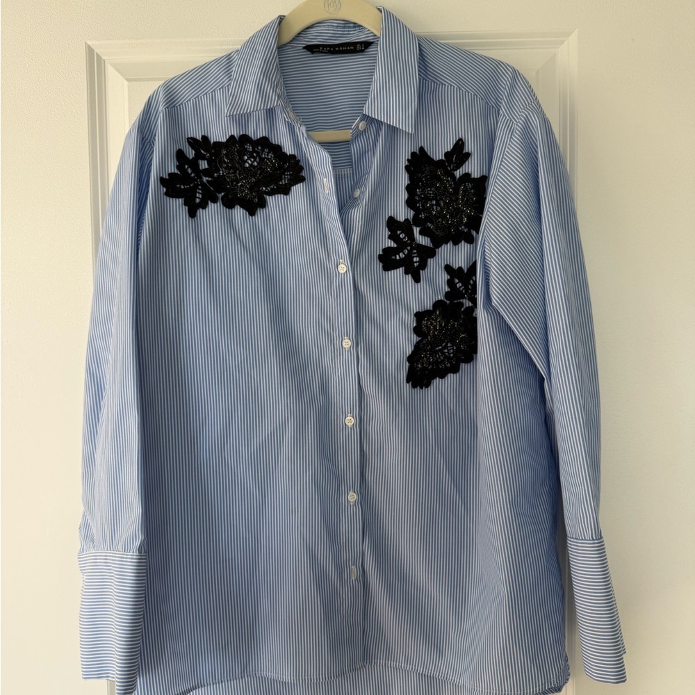 Zara Woman Light Blue and White Striped Shirt